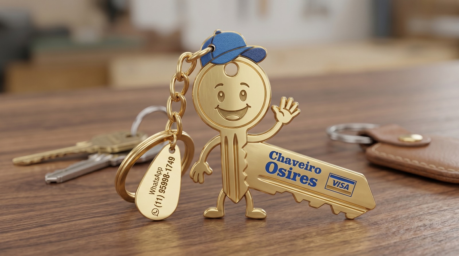 Mascote dourado do Chaveiro Osíres com chaves